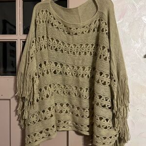 Cream Crochet Openwork Knit Crewneck poncho